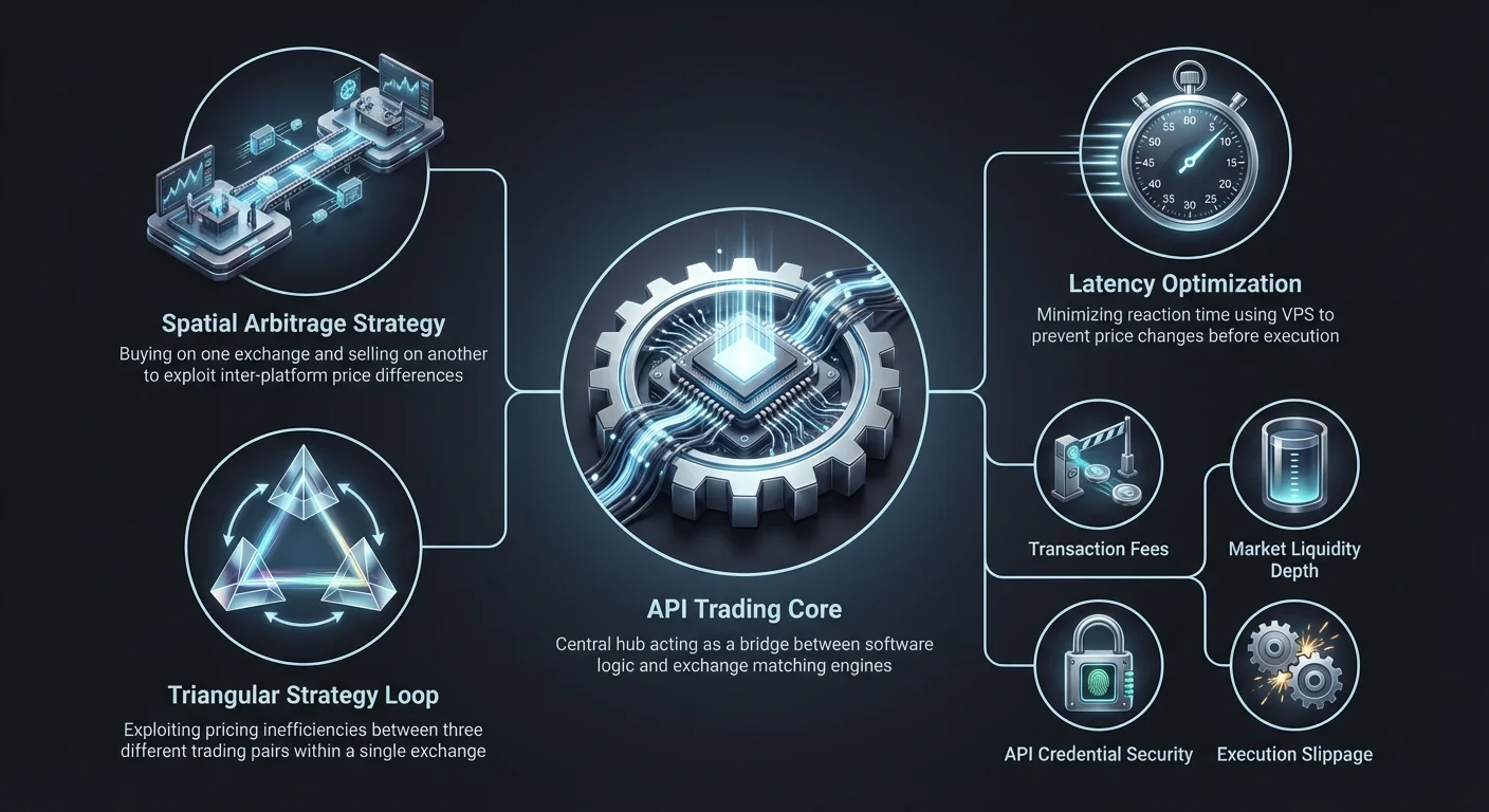 Infographic of crypto arbitrage bot ecosystem with central API Trading Core hub linking spatial arbitrage, triangular strategy loop, latency optimization, and details on fees, liquidity, security, and slippage.