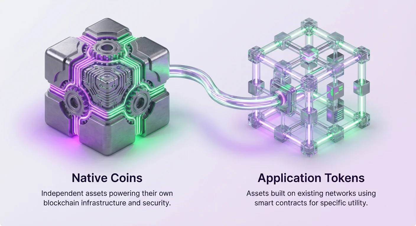 Infographic illustrating Native Coins as heavy foundational base powering blockchain infrastructure, supporting lighter Application Tokens built on existing networks for specific utilities.