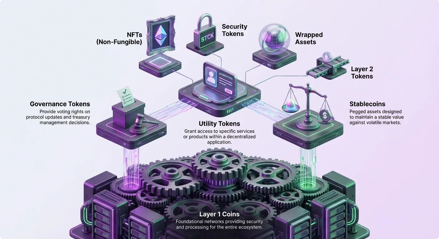 Layered infographic showing Layer 1 Coins as foundation supporting Utility Tokens, Governance Tokens, Stablecoins, plus NFTs, Security Tokens, Wrapped Assets, and Layer 2 Tokens.