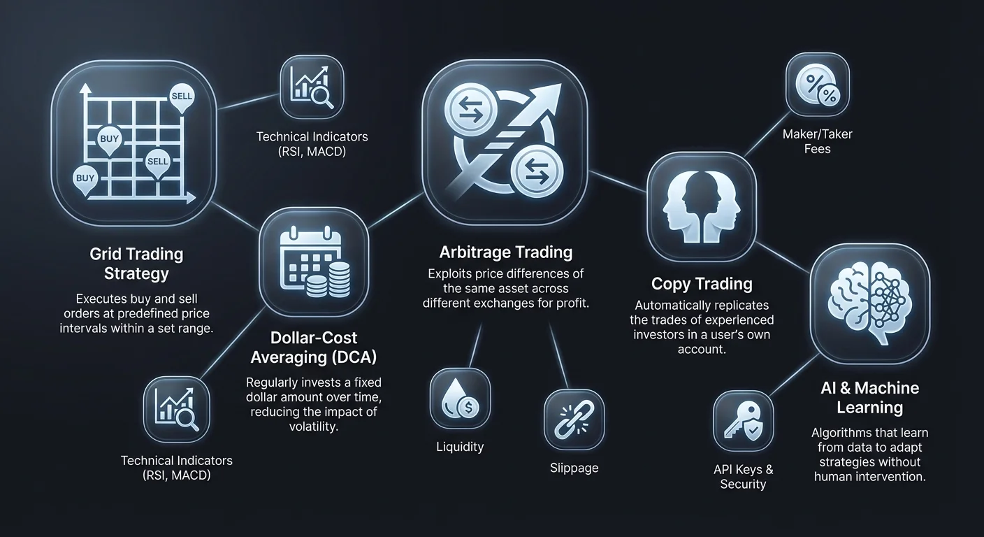 Detailed infographic illustrating various automated cryptocurrency trading strategies and concepts, organized into comparison clusters for 2025 guide.