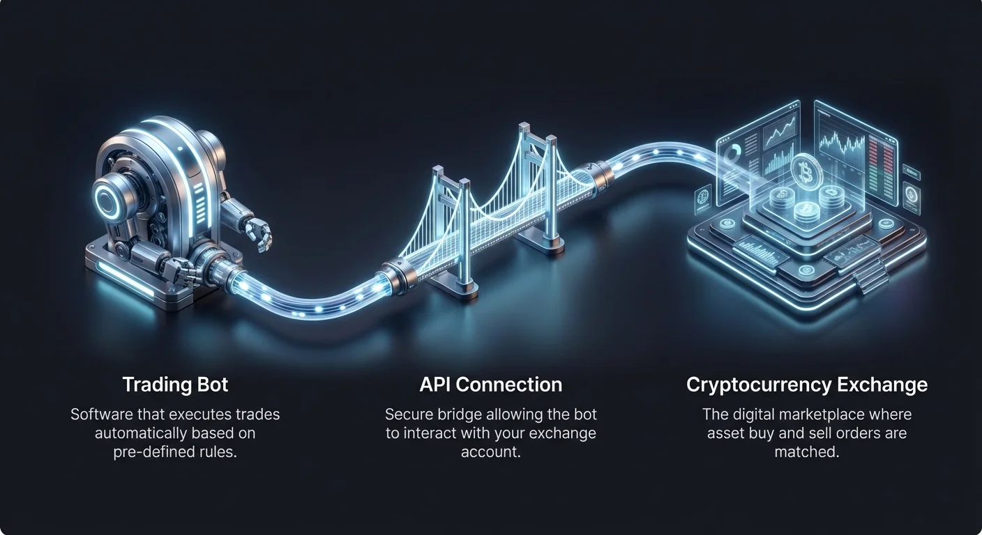 Infographic providing a high-level overview of automated cryptocurrency trading components: trading bot, API connection, and exchange platform.