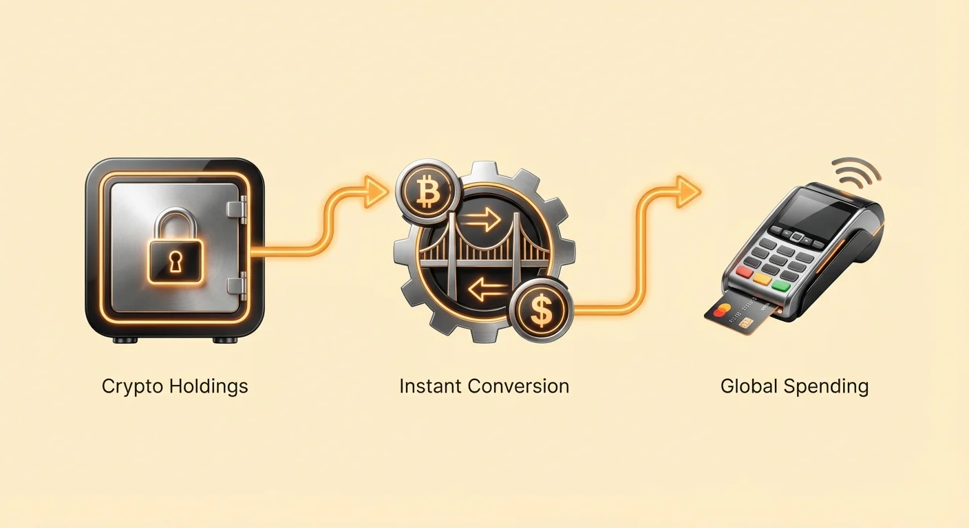 Bitcoin medallion seamlessly morphing into a credit card chip, symbolizing cryptocurrency transforming into everyday spendable payment method.