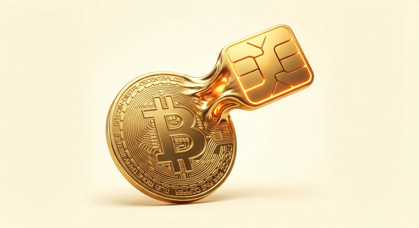 Bitcoin medallion transforming into a credit card chip, symbolizing how crypto debit cards convert digital assets into everyday spending power.