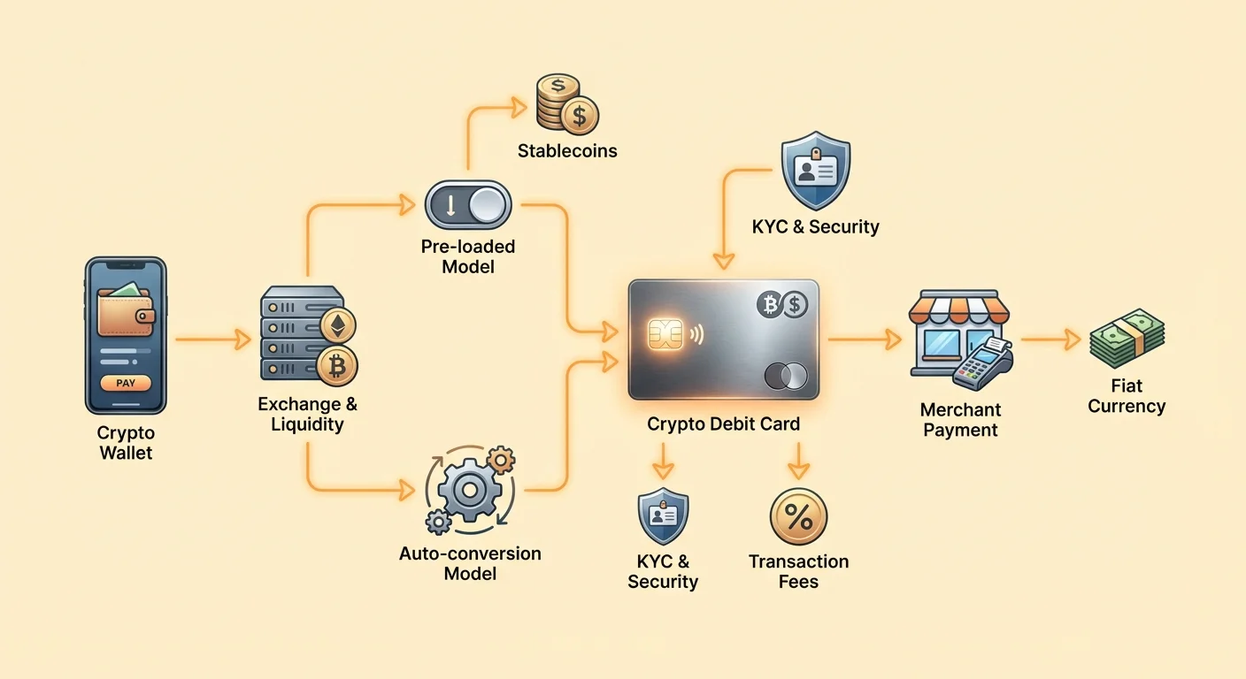 Bitcoin medallion transforming into a credit card chip, visually representing crypto debit cards bridging digital assets to everyday spending.