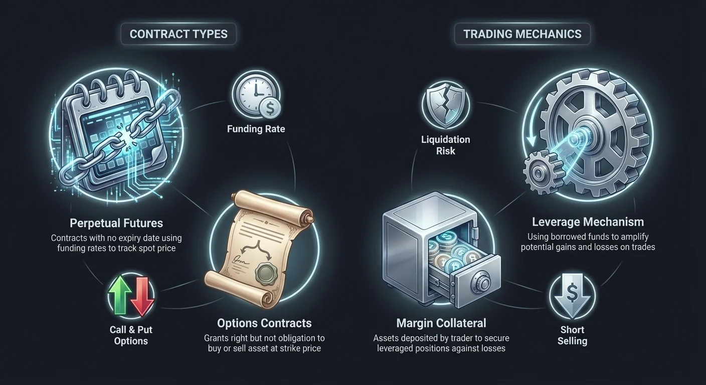 Infographic comparing crypto derivatives contract types like perpetual futures and options with trading mechanics including leverage, margin collateral, funding rates, liquidation risks, short selling, call and put options.