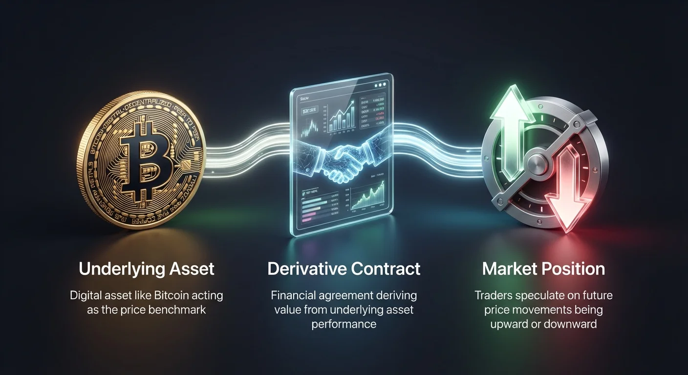 Simple diagram connecting underlying asset like Bitcoin to derivative contract, leading to trader's long or short market position.