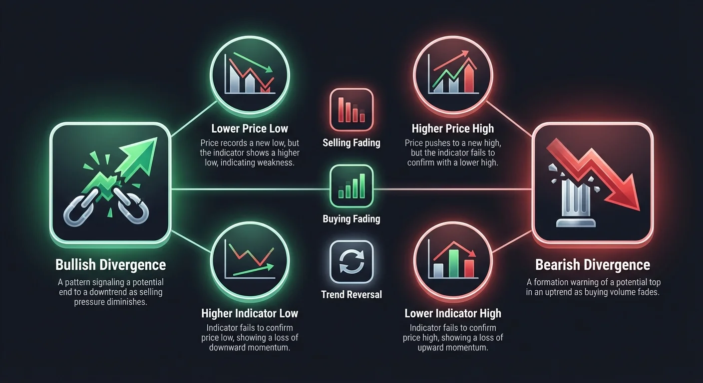 Detailed infographic comparing bullish and bearish divergence in crypto trading. Side-by-side views show price lower lows with higher indicator lows for bullish signals, and higher price highs with lower indicator highs for bearish.