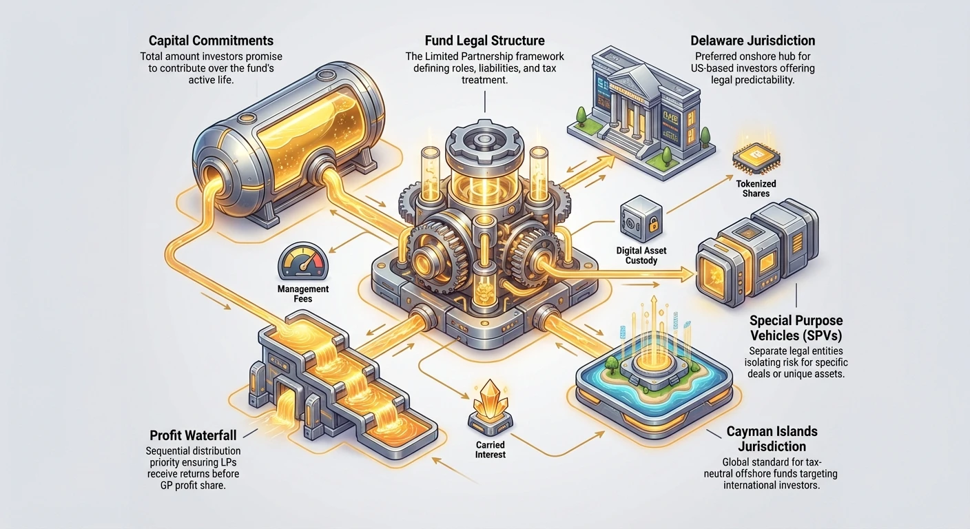 Detailed infographic of crypto fund ecosystem showing capital inputs, central legal structure, Delaware vs. Cayman jurisdictions, profit flows, and special investments.