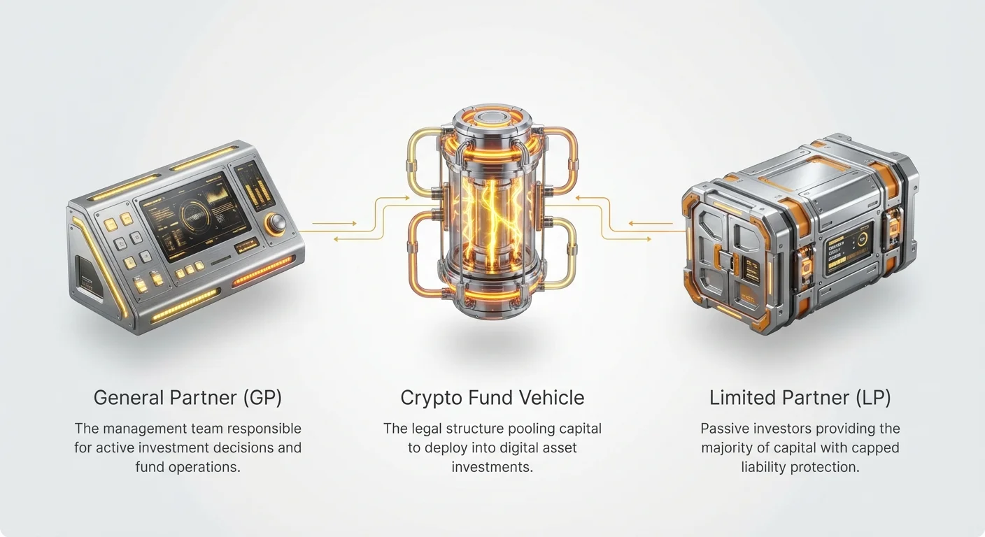 High-level infographic visualizing core GP/LP structure in crypto funds, showing relationships between management team, passive investors, and central fund vehicle.