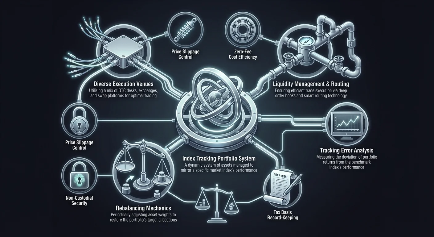 Detailed infographic visualizing central crypto index tracking system connected to execution venues, liquidity management tools, security, and tax tracking operational considerations.