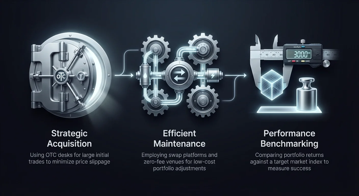 High-level infographic summary of core strategies for building and managing crypto index-tracking portfolios, focusing on acquisition, maintenance, and performance measurement.