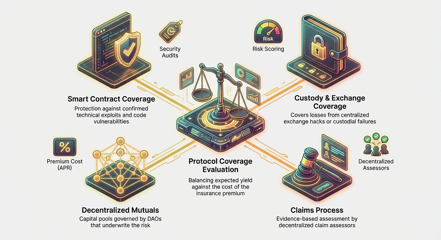 Hub-and-spoke infographic on DeFi crypto insurance, centering protocol coverage evaluation balancing yield and premiums, with smart contract protection, custody coverage, decentralized mutuals, claims process, plus premium costs, risk scoring, audits, and assessors.