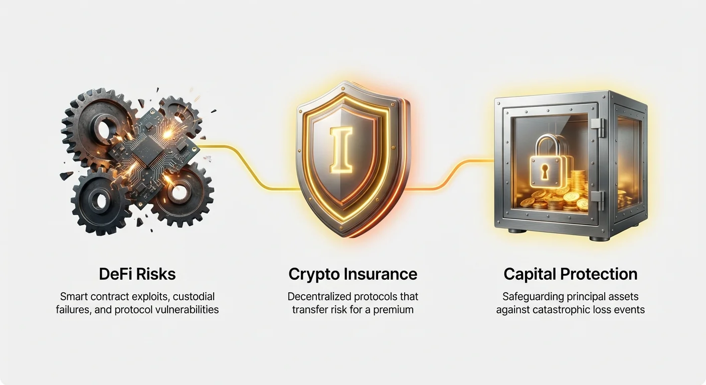 Infographic overview of DeFi risks including smart contract exploits, custodial failures, and protocol vulnerabilities; crypto insurance as decentralized risk transfer for premiums; and capital protection to safeguard assets from losses.