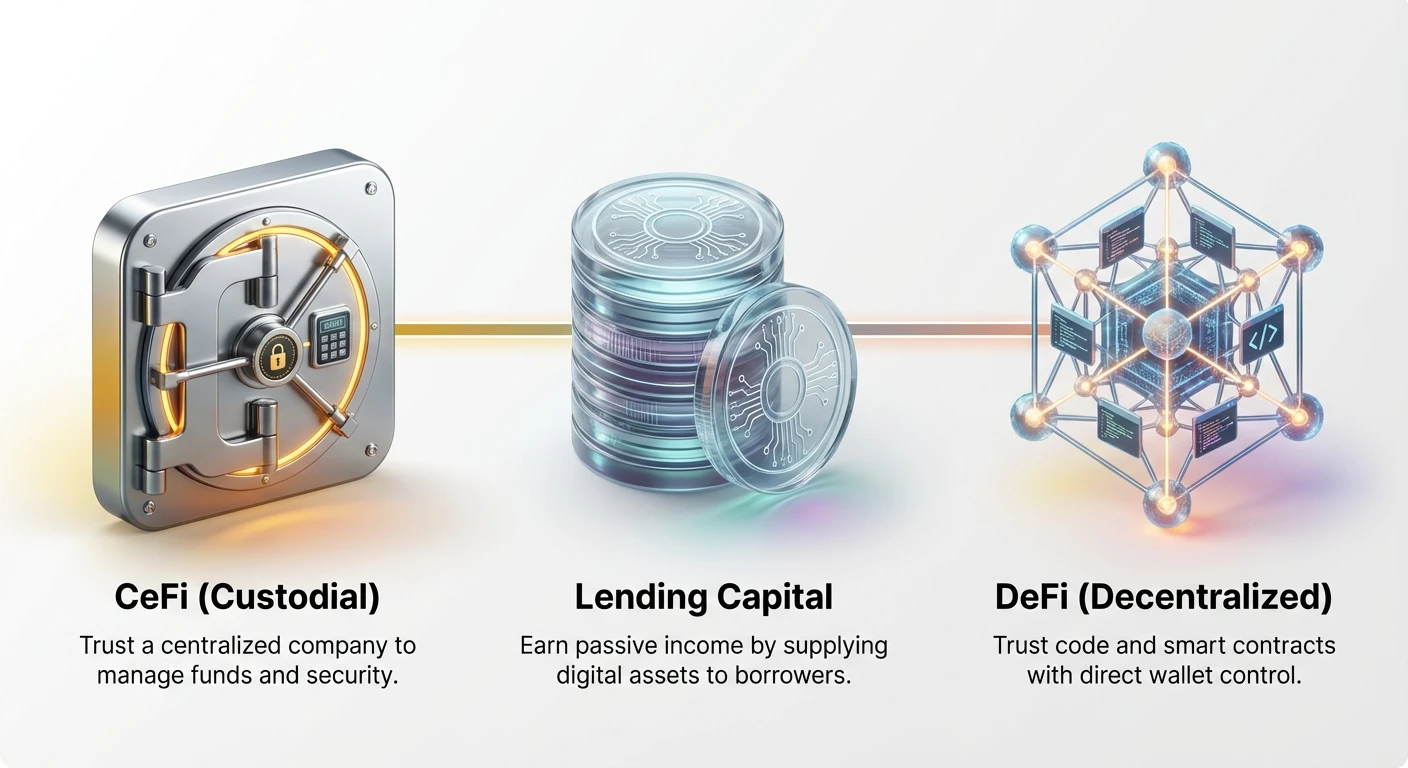Simple overview infographic summarizing crypto lending capital with central action and two primary pathways: CeFi and DeFi.
