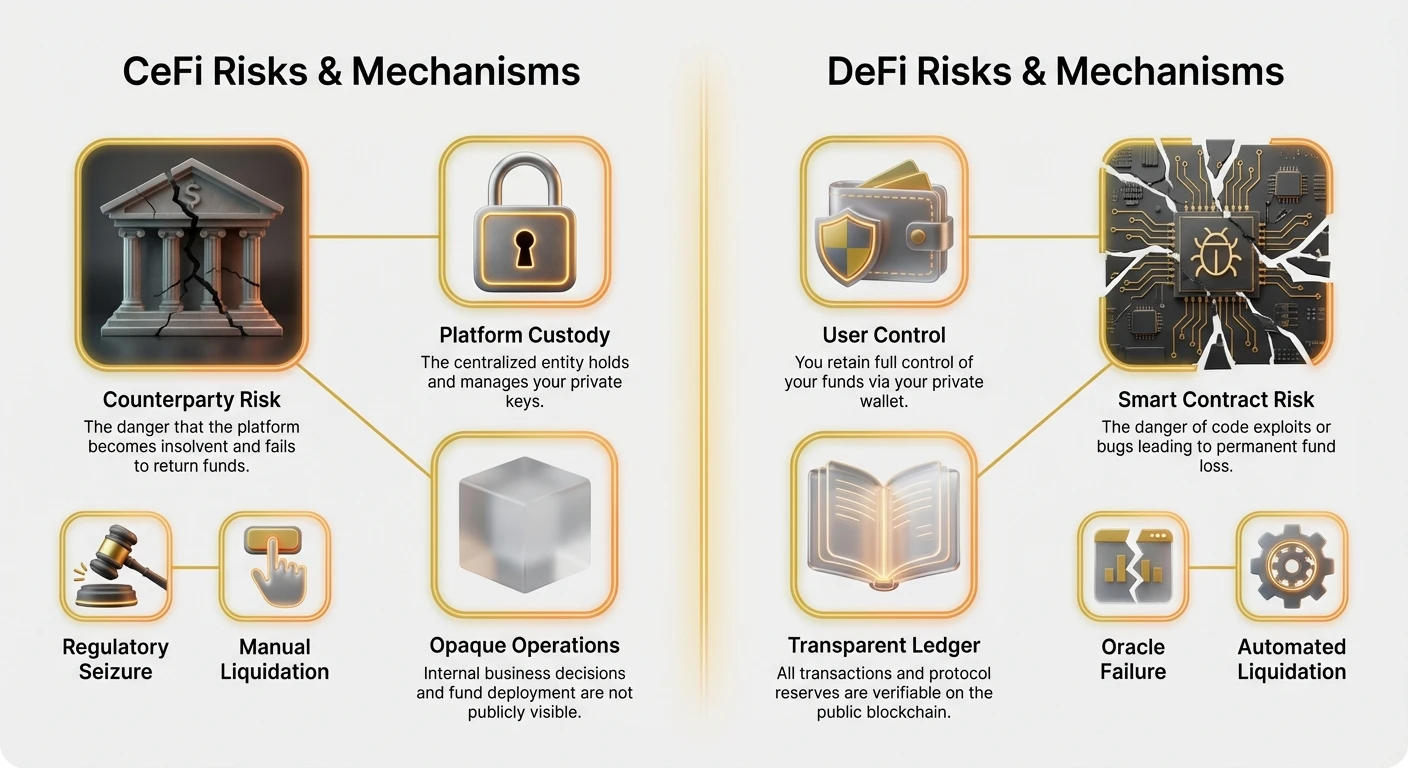 Detailed infographic split layout comparing risks and mechanisms of CeFi and DeFi in crypto lending, contrasting the two approaches side by side.