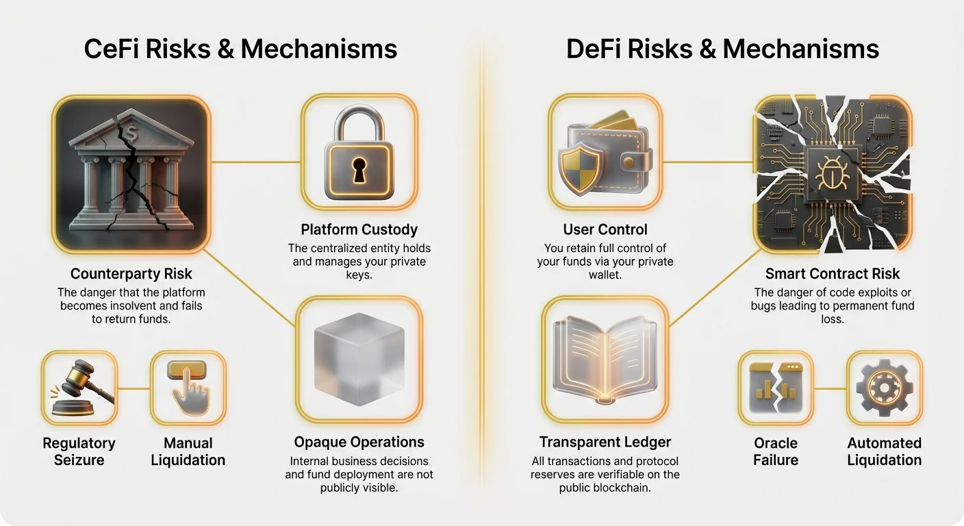 Detailed infographic split layout comparing risks and mechanisms of CeFi and DeFi in crypto lending, contrasting the two approaches side by side.