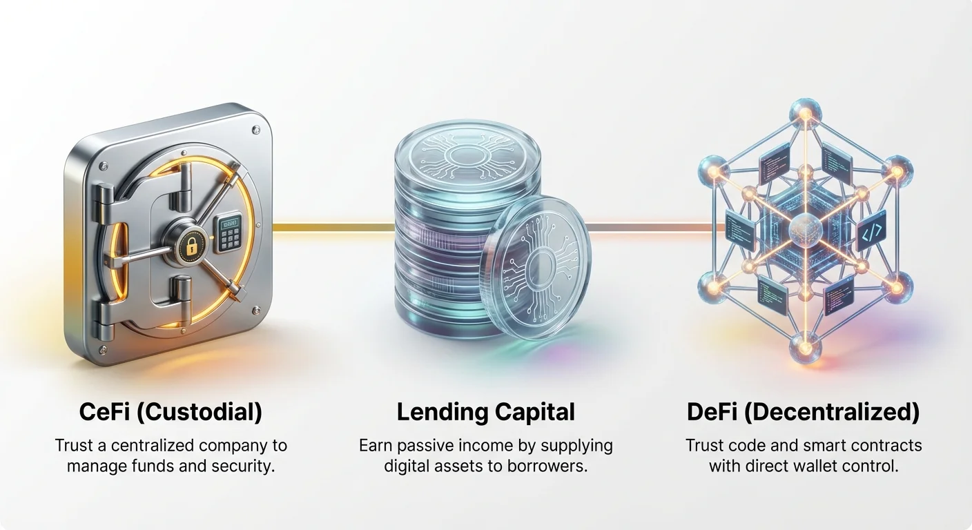 Simple overview infographic summarizing crypto lending capital with central action and two primary pathways: CeFi and DeFi.
