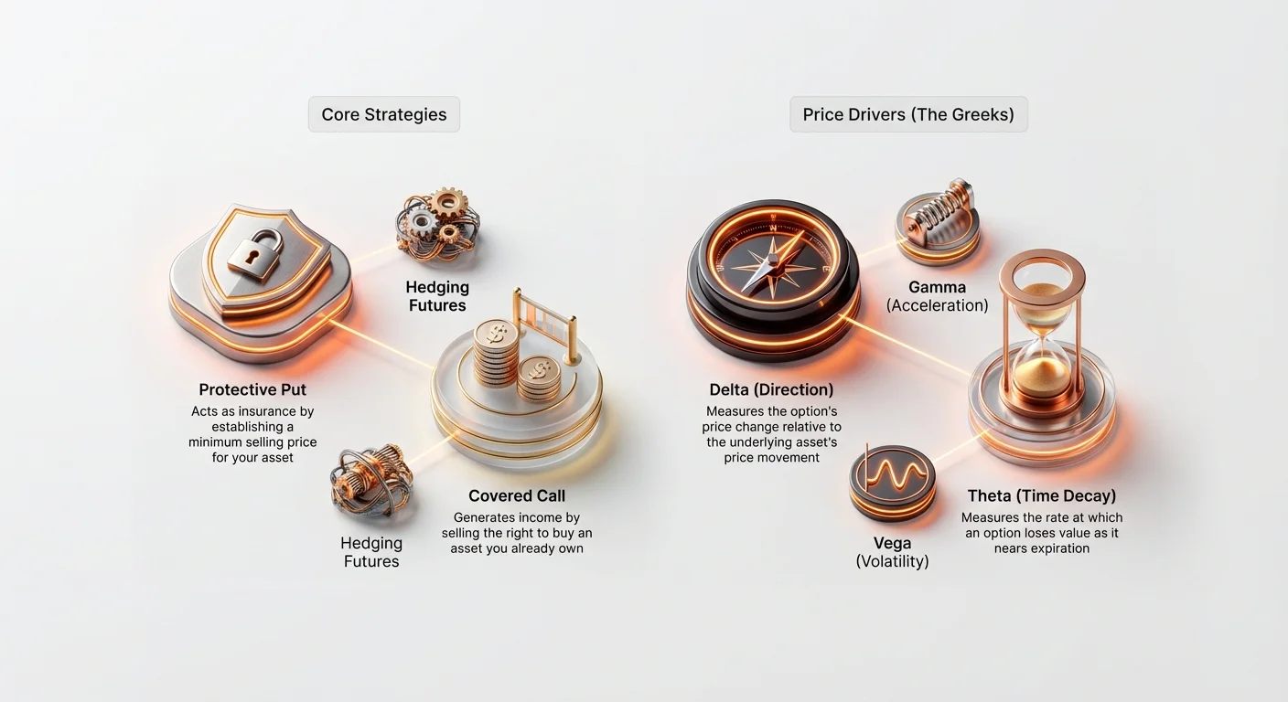Detailed infographic comparing core crypto options hedging strategies with key Greeks like delta, gamma, theta, and vega that drive pricing and volatility.
