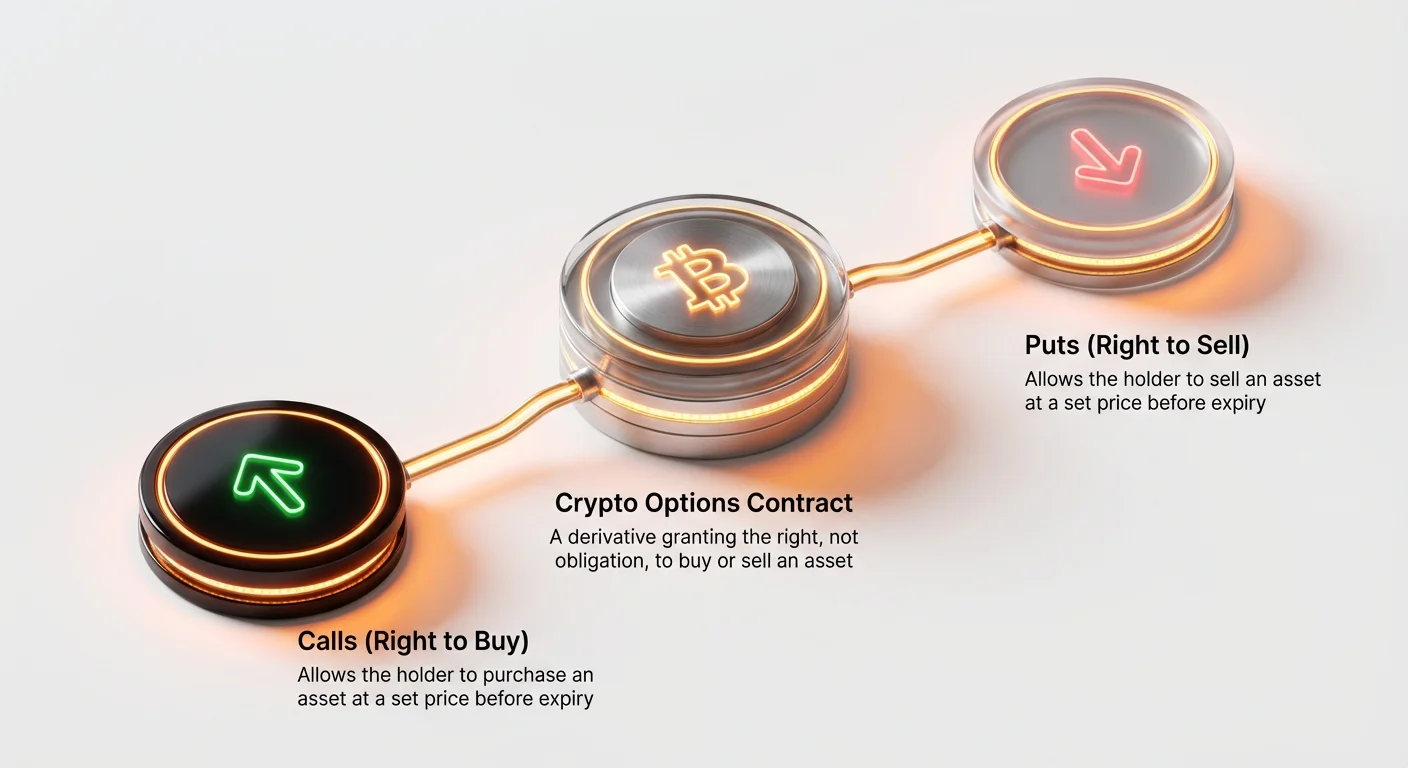 High-level infographic summarizing fundamental crypto options concepts, showing the core contract and two main types: call and put options.