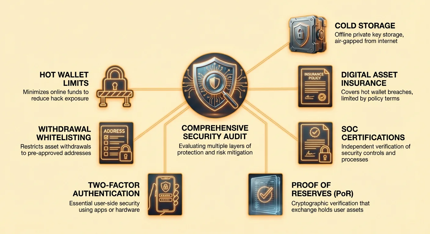 Hub-and-spoke infographic of comprehensive crypto security audit layers: cold storage, asset insurance, SOC certifications, proof of reserves, 2FA, withdrawal whitelisting, hot wallet limits.