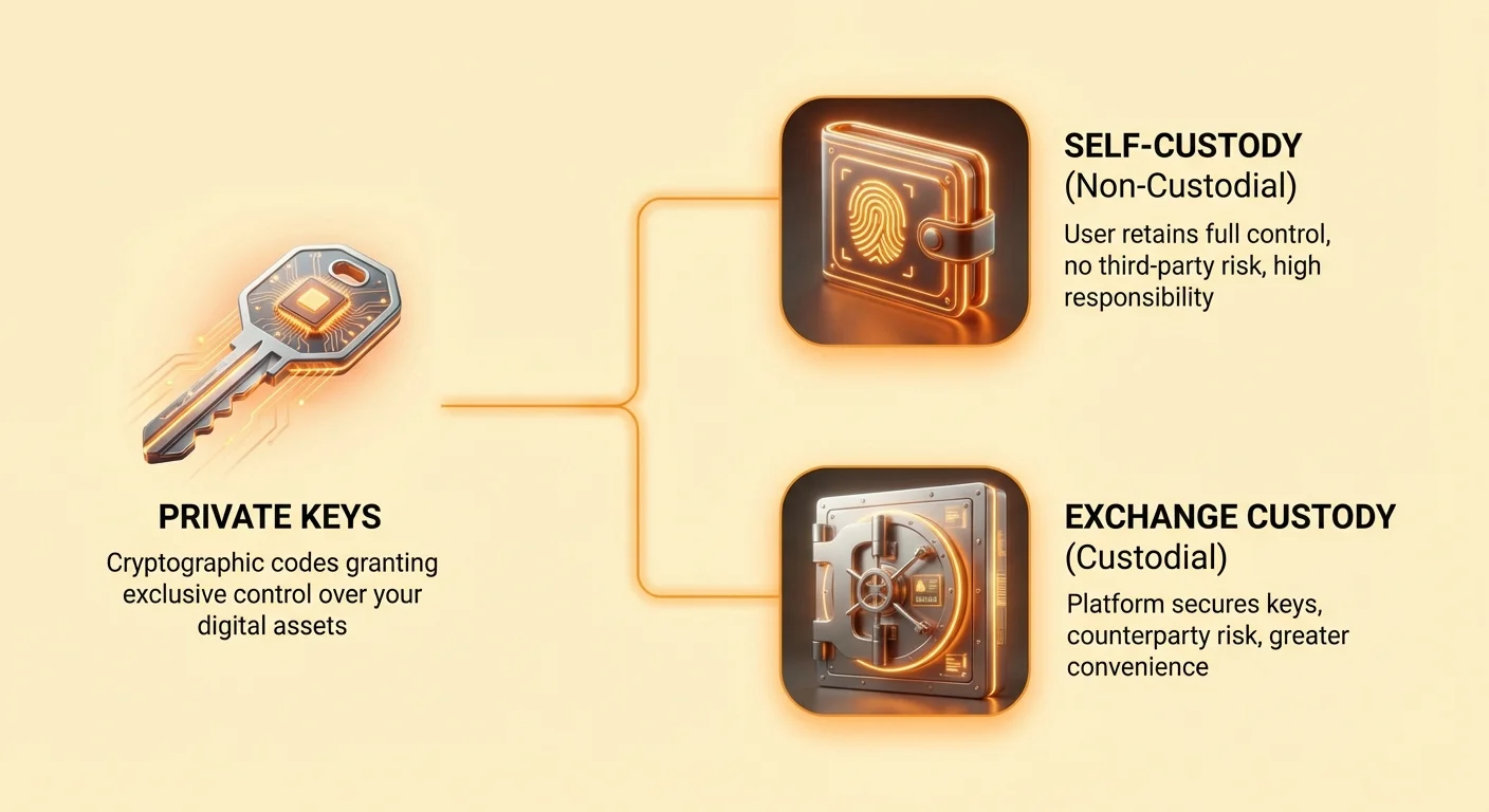Infographic showing private keys control: self-custody for user full control and responsibility versus exchange custody for platform convenience with counterparty risk.