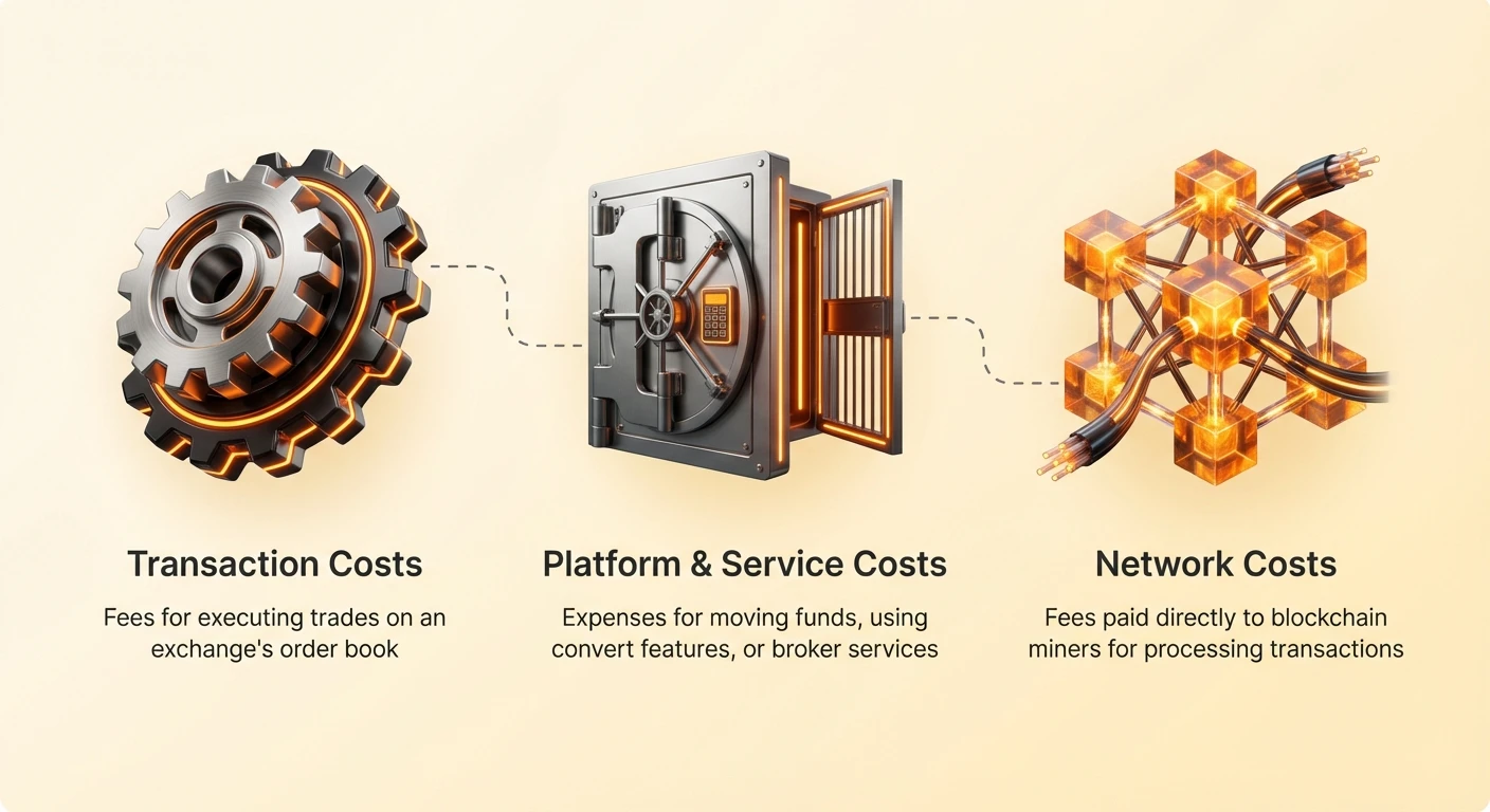 Simple infographic overview of three key cryptocurrency platform costs: Transaction Costs for trades on exchange order books, Platform & Service Costs for fund movements and features, Network Costs paid to blockchain miners.