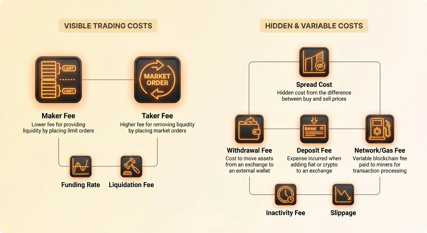 Infographic comparing visible crypto trading fees like maker, taker, and spreads with hidden costs including withdrawal, deposit, and network gas fees.