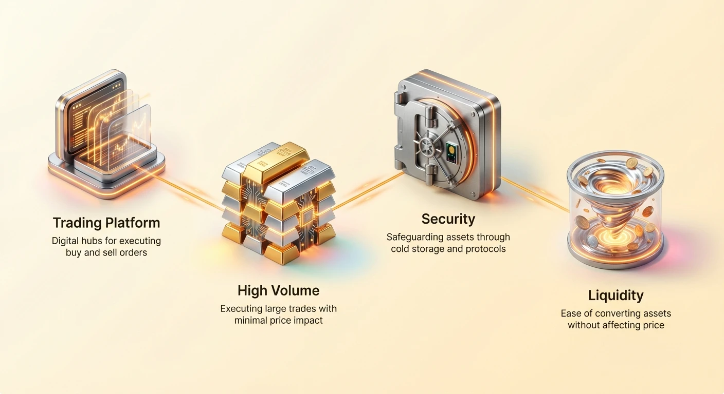 High-level overview infographic of crypto trading platforms for advanced traders, featuring core components: trading platform, high volume, security measures, and liquidity.