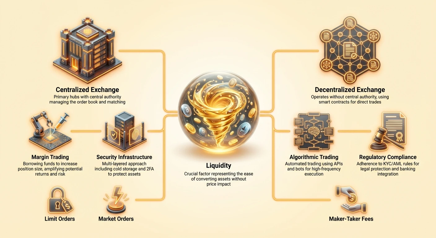 Infographic detailing comparison of centralized and decentralized crypto exchanges, including features, security models, order types, and liquidity as central concept.