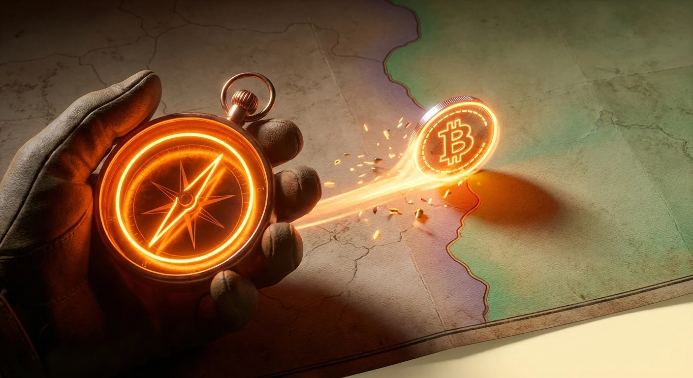 A hand holds a glowing compass directing a Bitcoin token mid-motion across a world map, trailing light as it crosses boundaries, symbolizing navigation of global crypto platforms.