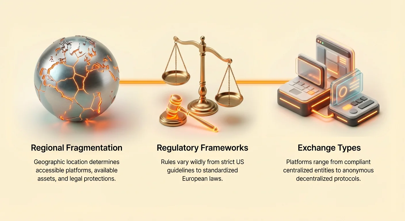 High-level infographic summarizing how location dictates cryptocurrency exchange access, diverse regulatory frameworks, and resulting fragmentation of exchange types.
