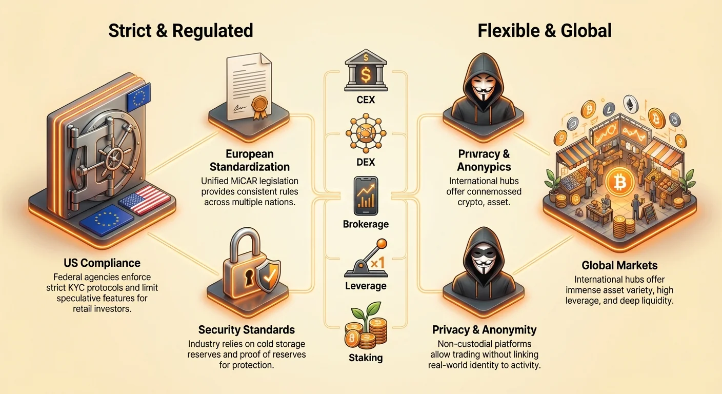 Infographic contrasting strict regulated crypto markets like US and EU with flexible global ones, detailing features, security standards, trade-offs, and exchange types.