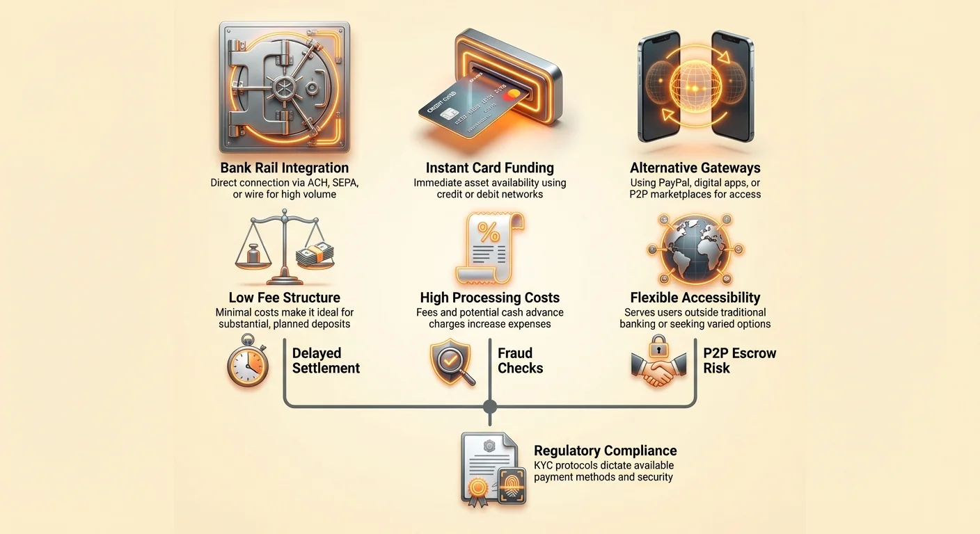 Infographic comparing crypto funding methods: Bank Rail Integration with low fees and delays, Instant Card Funding with high costs and speed, Alternative Gateways with flexible access, plus regulatory compliance and risks.