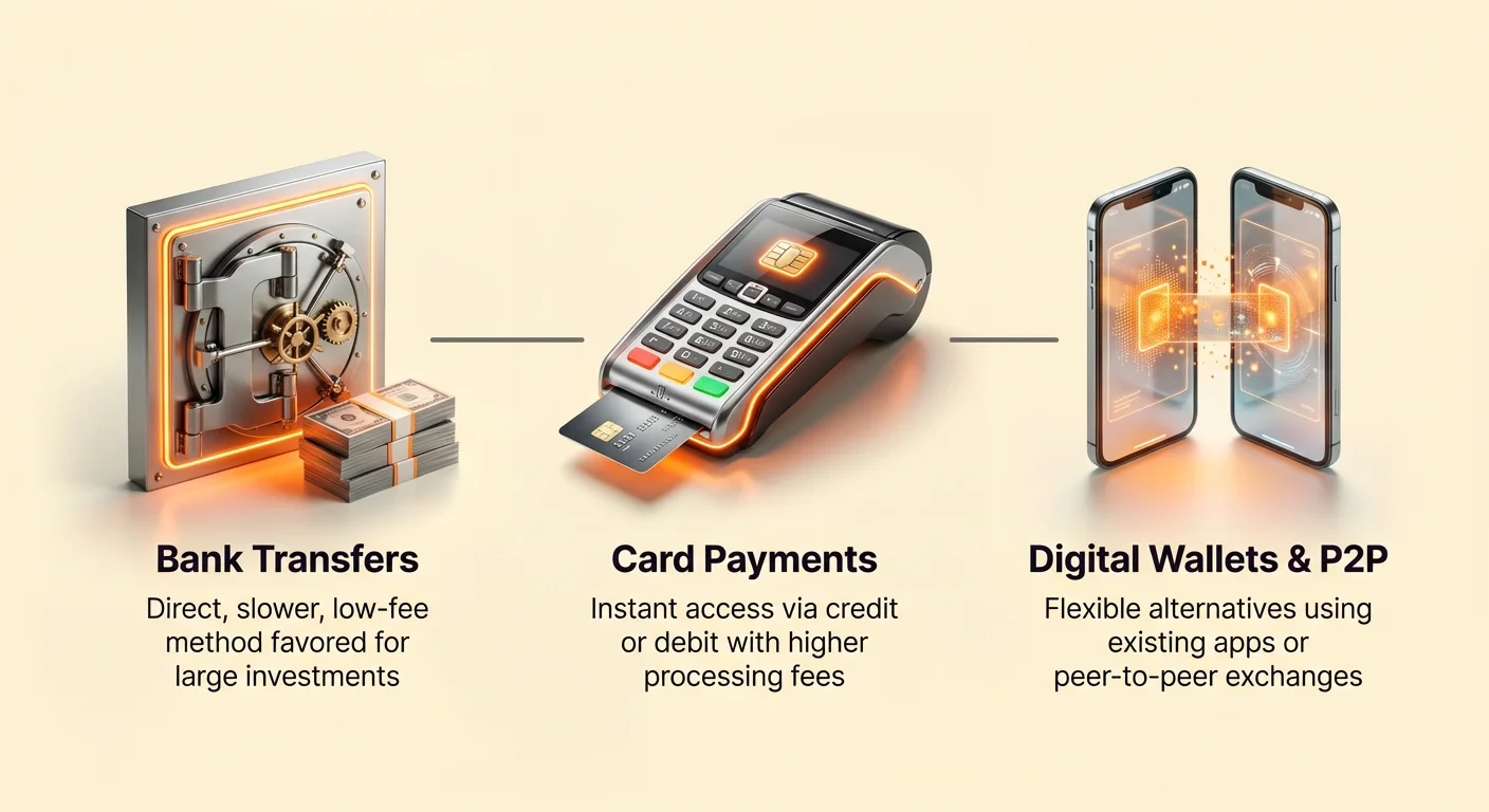 Simple infographic overview of three crypto payment methods: Bank Transfers (direct, slower, low-fee for large investments), Card Payments (instant access with higher fees), and Digital Wallets & P2P (flexible alternatives).