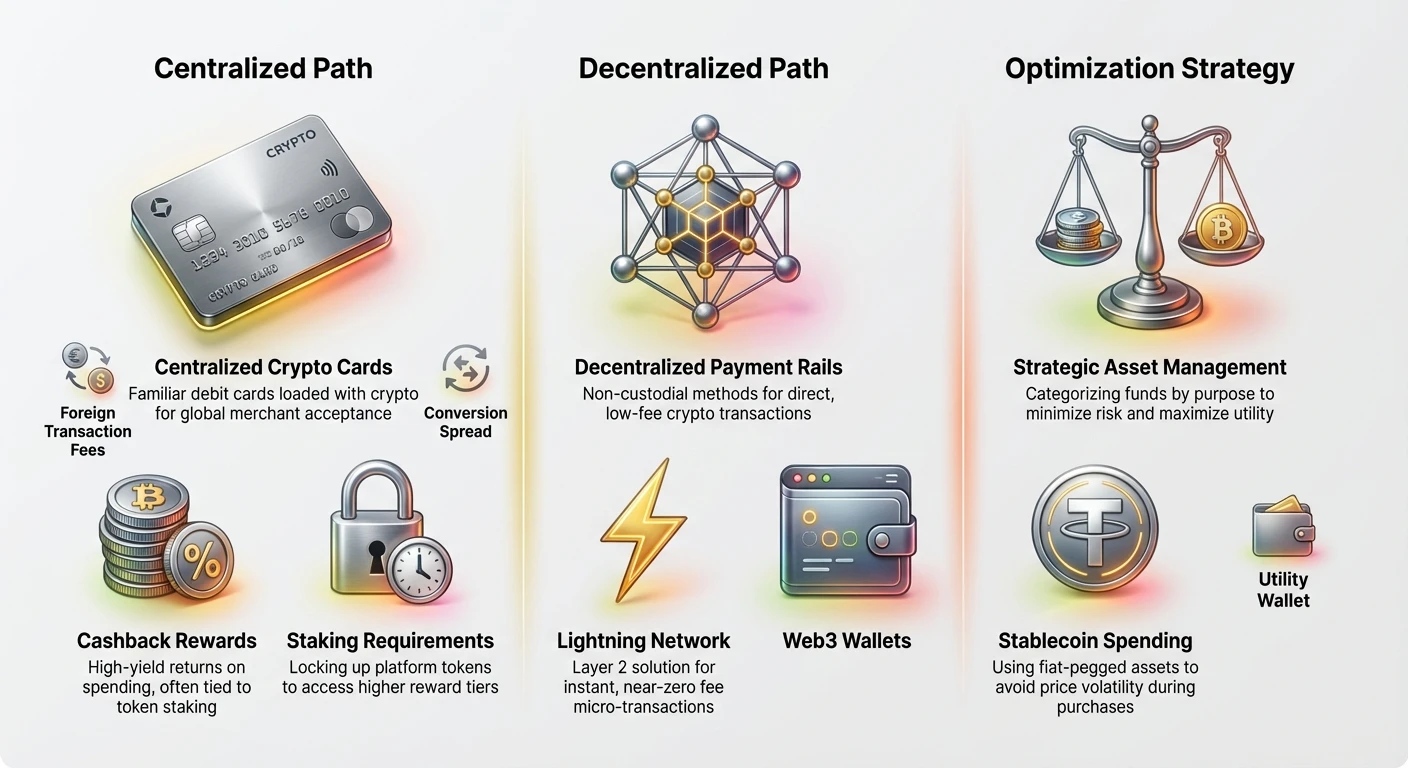 Detailed infographic comparing centralized and decentralized crypto spending paths, with strategic details on rewards, fees, and asset management.