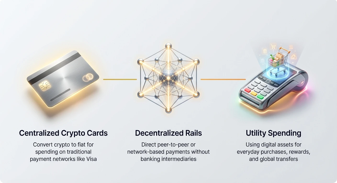 Simple overview infographic summarizing crypto spending matrix: centralized card model, decentralized alternative, and ultimate goal of utility spending.