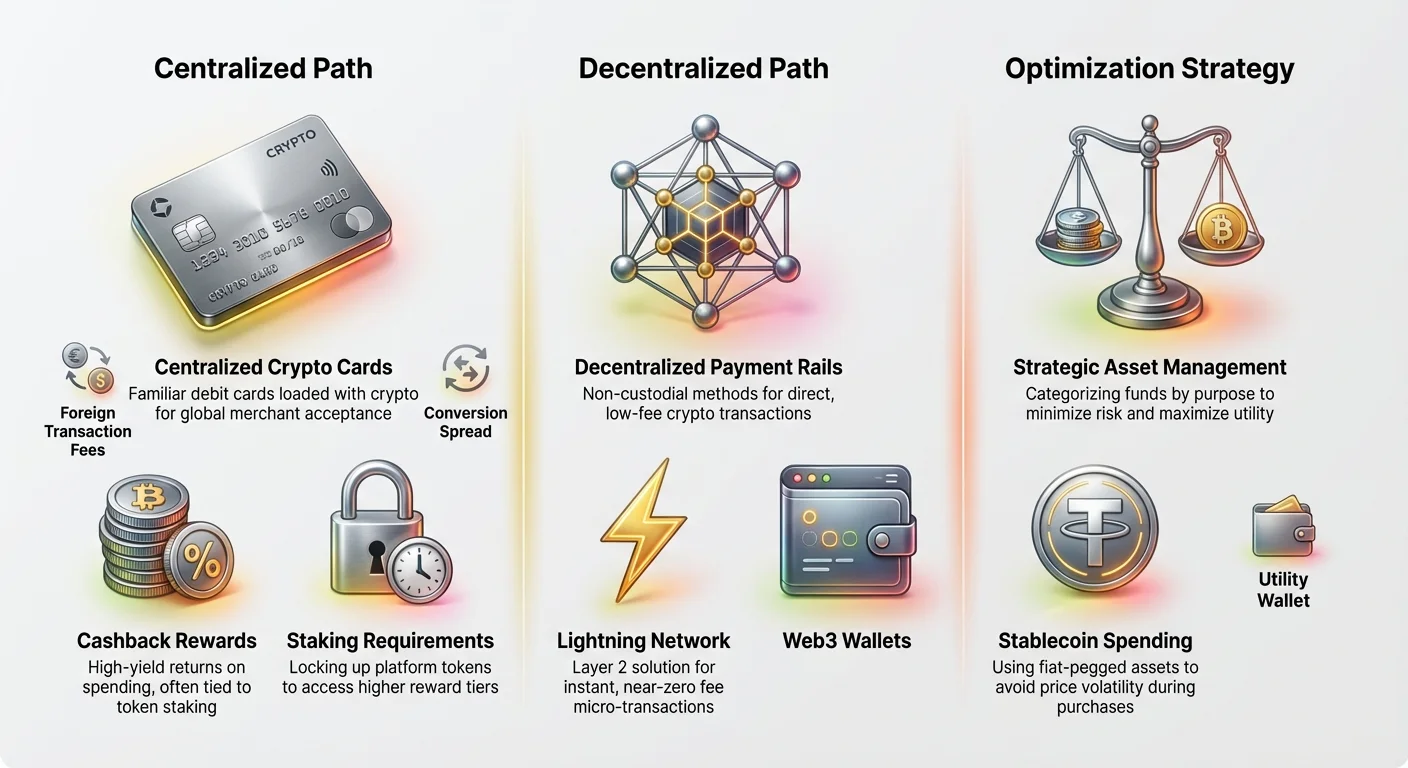 Detailed infographic comparing centralized and decentralized crypto spending paths, with strategic details on rewards, fees, and asset management.
