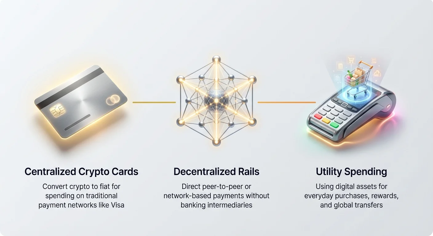 Simple overview infographic summarizing crypto spending matrix: centralized card model, decentralized alternative, and ultimate goal of utility spending.