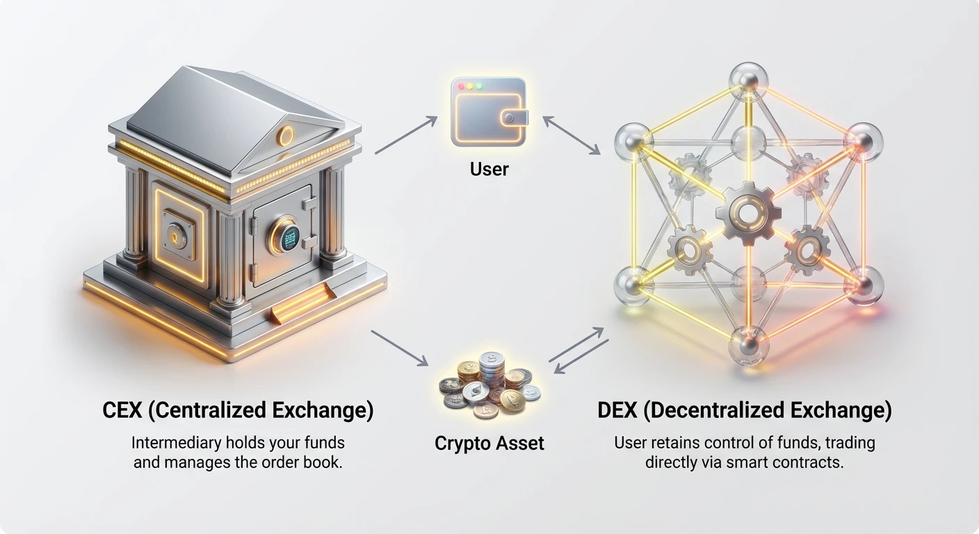 High-level infographic comparing custodial Centralized Exchanges (CEX) and non-custodial Decentralized Exchanges (DEX), illustrating key differences in user fund control.