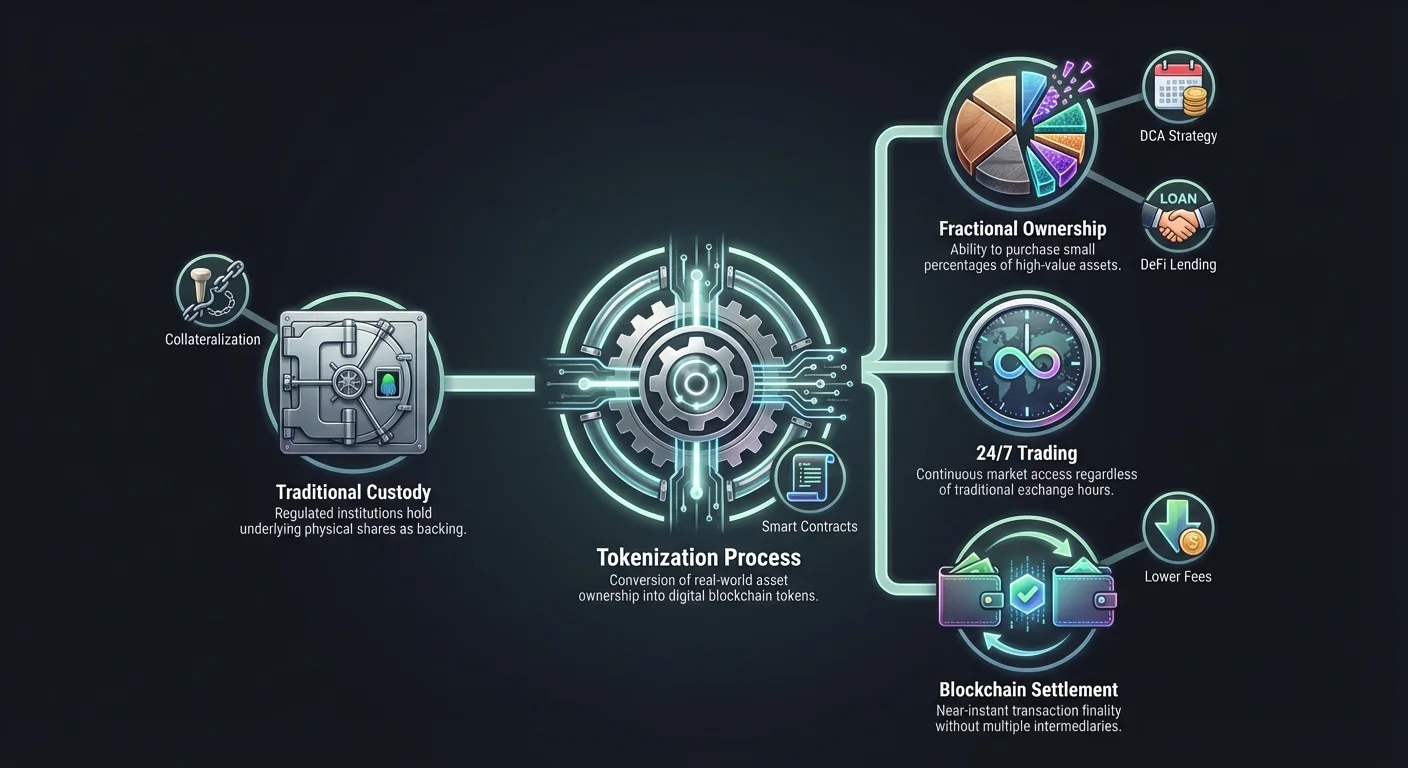 Detailed infographic illustrating the tokenization process mechanics, with key benefits including fractional ownership, instant settlement, and 24/7 trading for crypto assets.