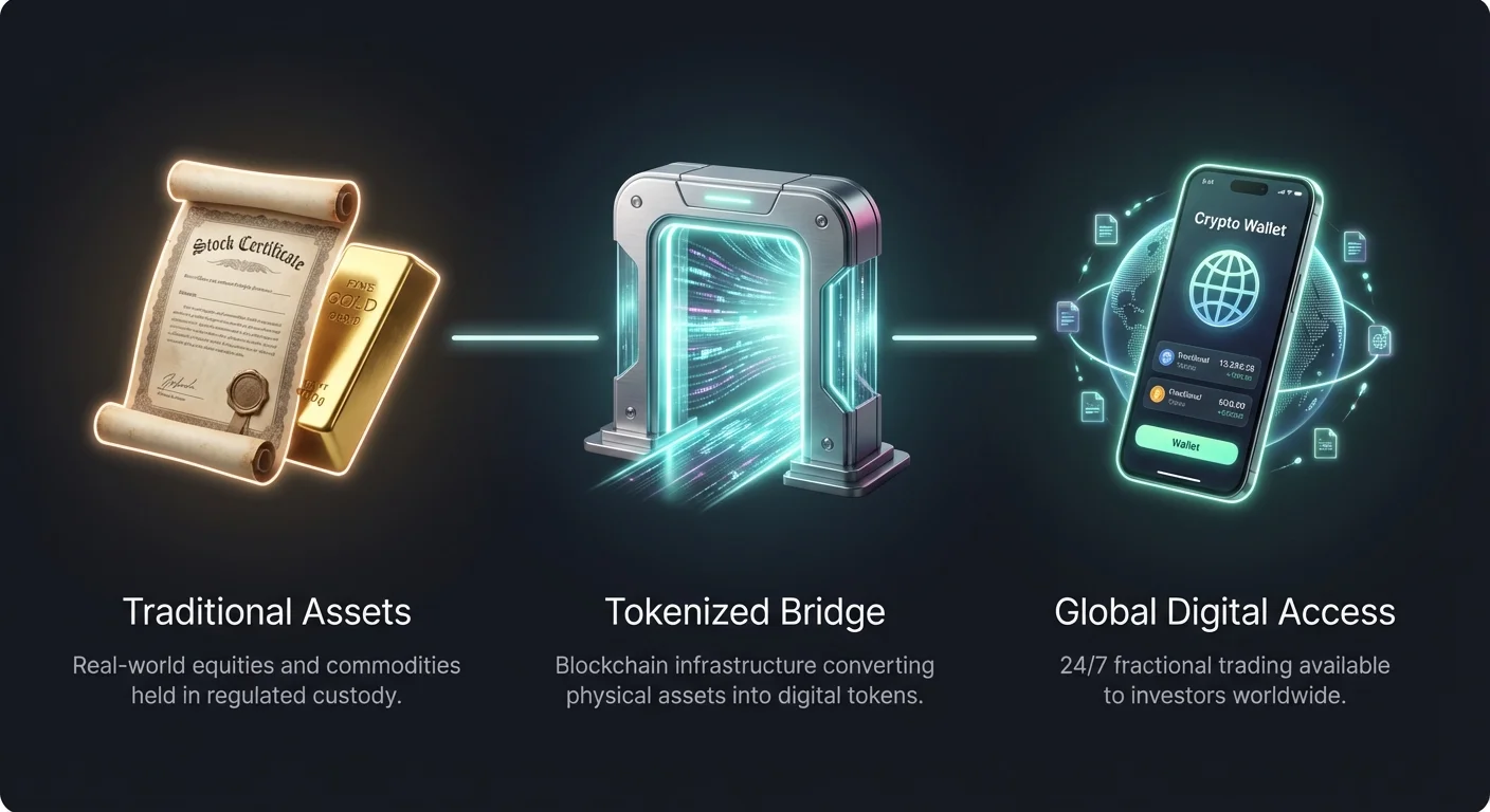High-level infographic overview of tokenizing traditional assets like stocks and gold to bridge them into the digital world for global, 24/7 access and trading.
