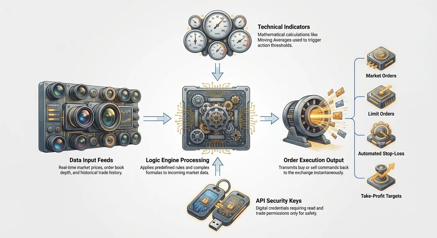 Infographic depicting crypto trading bot's cyclical workflow: data inputs, logic engine with technical indicators, order execution output, API security, and risk tools like stop-loss and take-profit.