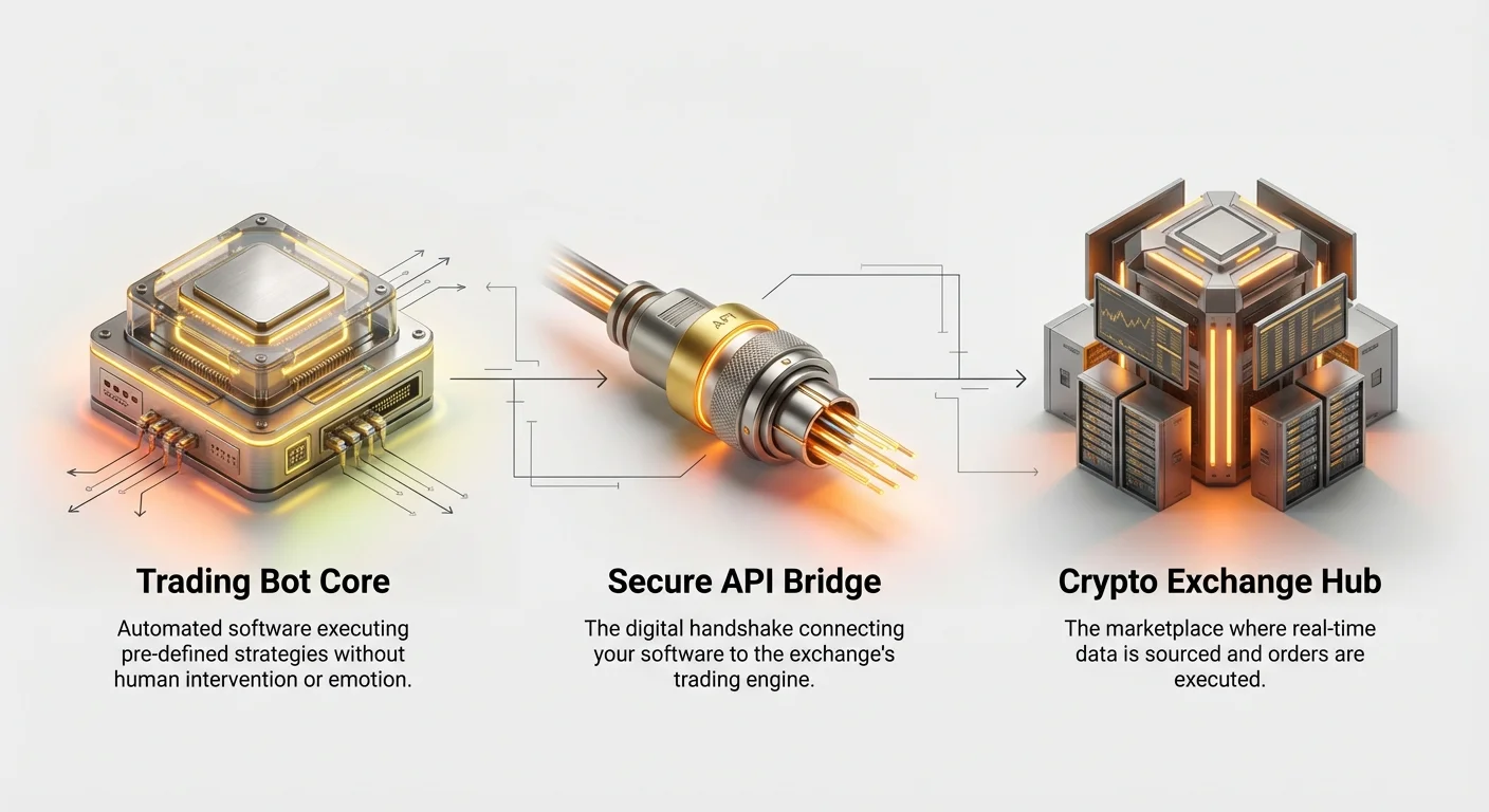 Simple diagram showing linear flow from trading bot core, through secure API bridge, to crypto exchange hub for automated trading.