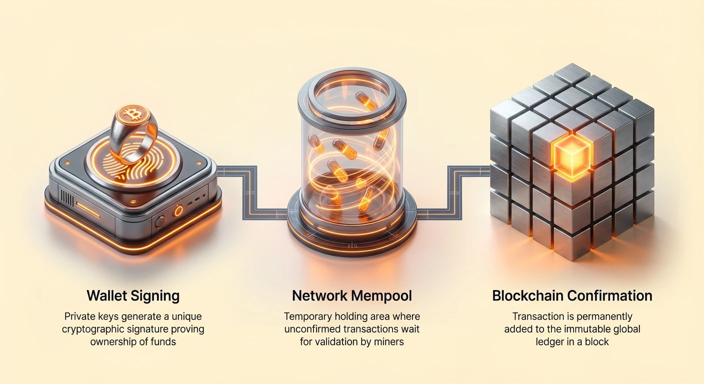 High-level infographic showing three stages of cryptocurrency transaction: wallet signing with private key signature, network mempool wait, and blockchain confirmation, connected by blueprint lines.