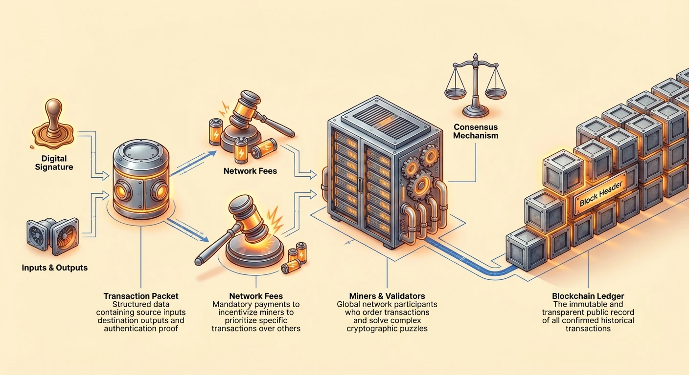 Detailed infographic of cryptocurrency transaction processing pipeline: transaction packet and fees enter mempool, processed by miners and validators using digital signatures, inputs, outputs, and consensus to append to blockchain ledger.