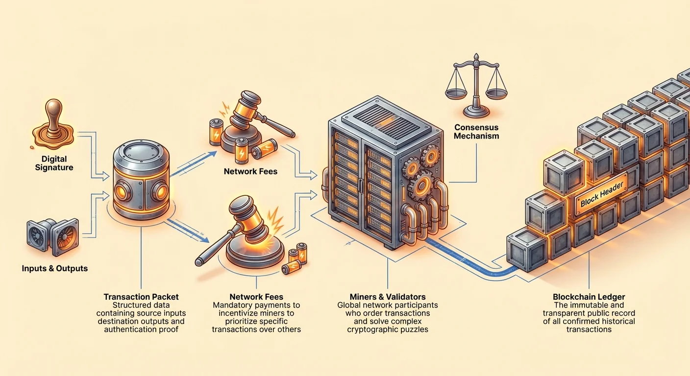 Detailed infographic of cryptocurrency transaction processing pipeline: transaction packet and fees enter mempool, processed by miners and validators using digital signatures, inputs, outputs, and consensus to append to blockchain ledger.