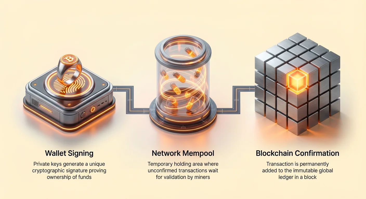 High-level infographic showing three stages of cryptocurrency transaction: wallet signing with private key signature, network mempool wait, and blockchain confirmation, connected by blueprint lines.