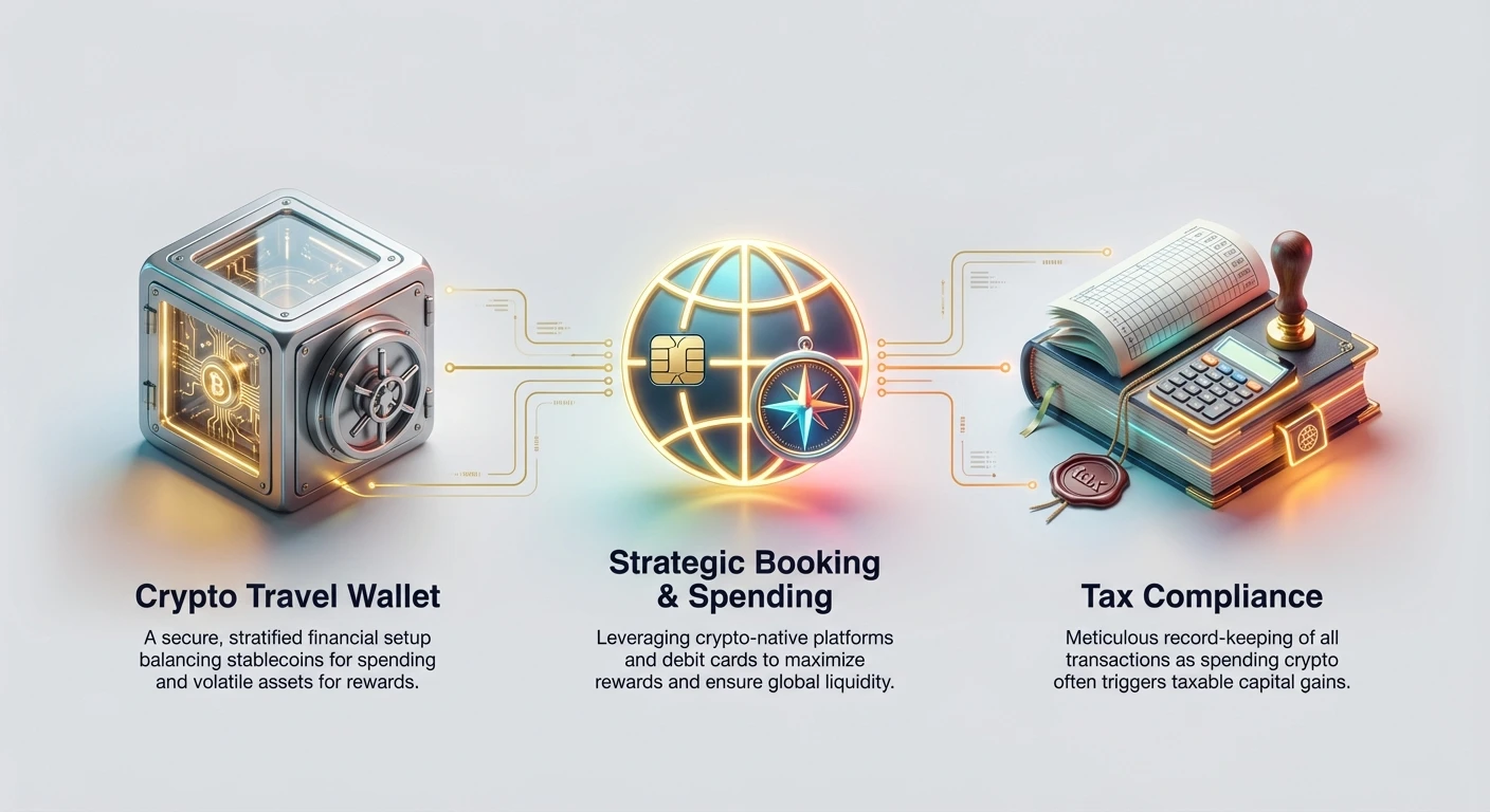 Clean minimal infographic showing three core pillars of crypto travel hacking: Crypto Travel Wallet, Strategic Booking & Spending, and Tax Compliance as large distinct nodes.