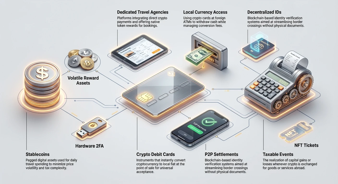 Detailed infographic illustrating crypto travel ecosystem in chronological flow: preparation with stablecoins and security, execution using debit cards, agencies, ATMs, and implications like taxes and decentralized IDs.