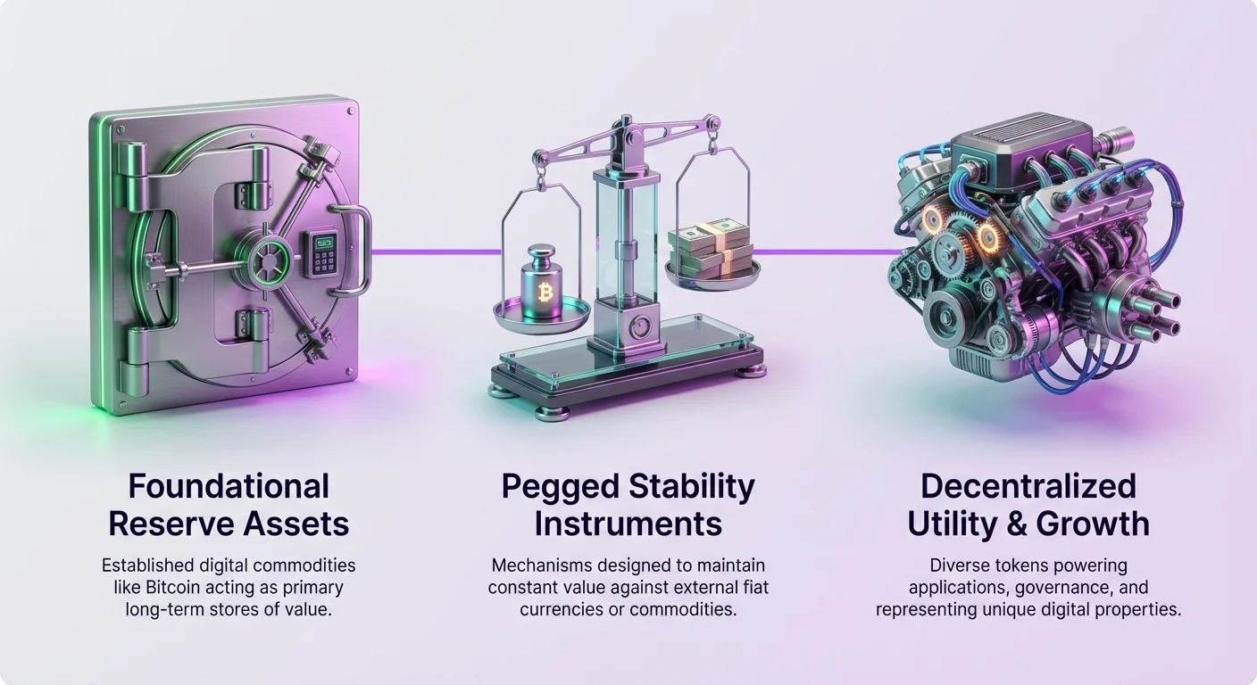 Infographic classifying cryptocurrency assets into three categories: foundational reserve assets like Bitcoin for long-term value storage, pegged stability instruments for constant value, and decentralized utility tokens for applications and growth.